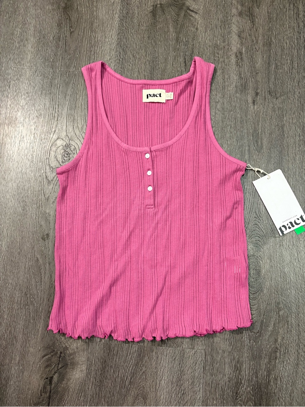 NWT Pact Women Large Ribbed Tank Top Mauve Pink Henley 100% Organic Cotton Light